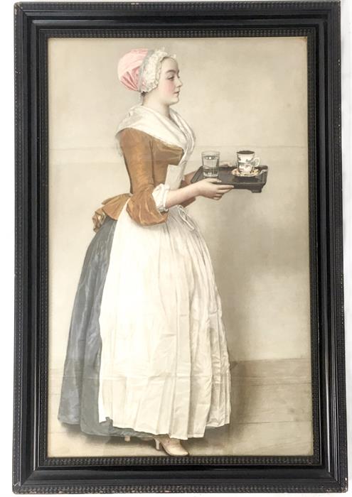 A large coloured print of a 19th century lady holding a tea tray