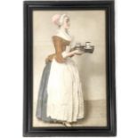 A large coloured print of a 19th century lady holding a tea tray