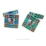 A pair of sterling silver and plique a jour, green enamel cufflinks