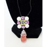 A sterling silver pendant studded with pearls and pink, yellow and purple crystals