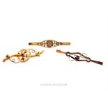 Three, antique 9 ct yellow and rose gold, bar brooches