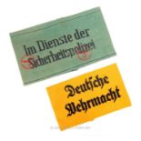 Two WW2 German armbands: "Im Dernste der Sicherheitspolizei" and "Deutsche Wehrmacht"