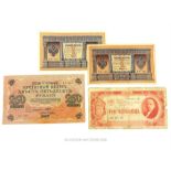 Four Russian banknotes: Two 1898, 1 ruble notes; one 1917, 250 rubles and a 1937, 3 ruble note.