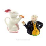 Two ceramic 'Tony Wood Studio' teapots in the form of a rabbit and Mr Pickwick