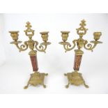 A pair of Boulle style gilt brass two branch candelabra