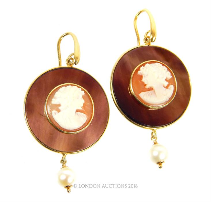 A pair of silver gilt, circular cameo and pearl earrings - Image 2 of 2