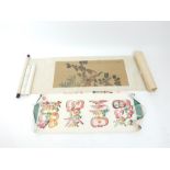 A 1920s Chinese scroll featuring a bird (sight size 86cm x 38cm) together with a collection of other