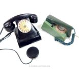A GPO style black telephone with additional watch receiver together with a 1970s two tone green