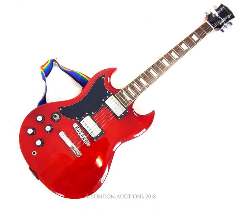 A left handed "Westley" SG style electric guitar in red with black scratch plate; rosewood - Image 2 of 2