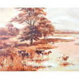A framed, large oil painting of grazing cows within a country landscape
