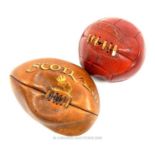 A vintage style leather "Chelsea FC" football and "Scotland" rugby ball (both deflated).