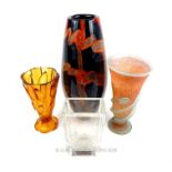 Four various glass vases including a Kosta Boda vase with etched decoration (21cm high) and