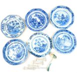 Six, various, Chinese, hand-painted blue and white plates and other items