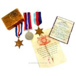 A collection of three, World War II medals, complete with ribbons
