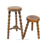 Two vintage, French, rustic oak stools with bobbin-turned legs