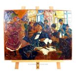 A painted and chased rectangular copper panel, depicting a 19th century cafe scene
