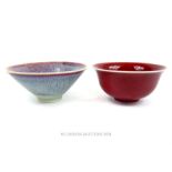 Two Chinese, flambe-glazed, footed bowls