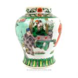 A Chinese, porcelain, famille vert, bulbous-bodied, vase