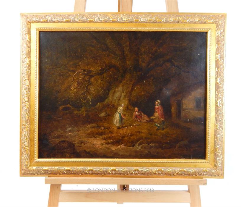 After George Morland, woodland scene with figures; oil on canvas hole to middle right; sight size