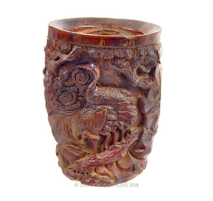 A Chinese, large, carved, bamboo, brush pot