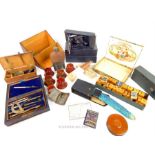 An array of collectables including: a shopkeeper's vitnage wooden block print labelling set; cased