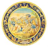 19th century Italian wall hanging plate, with a battle scene depicting Joshua defeating the