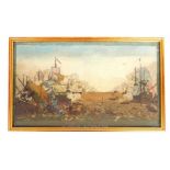 A gilt framed, antique, hand-coloured engraving of an 18th century sea battle