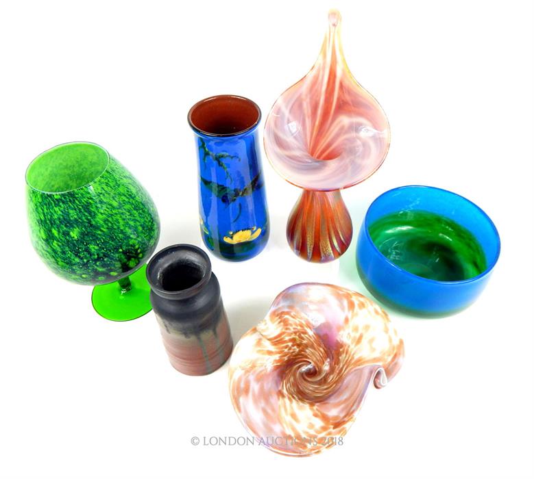 A collection of 20th century, colourful, studio glass and two ceramic vases - Image 2 of 2