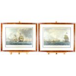 A large pair of naval prints of 18th century battles in burr-walnut veneered frames