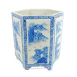 A Chinese, hand-painted, blue and white, hexagonal brush pot