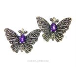 A pair of sterling silver, amethyst and marcasite, butterfly earrings