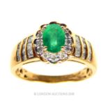 A 14 ct yellow gold, diamond and emerald cluster ring