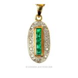 A 9 ct yellow gold, diamond and emerald pendant on a 9 ct yellow gold chain