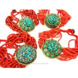 Four, Eastern bracelets composed of red glass beads and turquoise panels