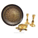 An Indian brass dish and other items