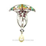 A sterling silver, Art Nouveau style, plique a jour, pearl-drop brooch/pendant