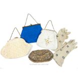 Four 1920's, beaded, evening bags with a pair of suede gloves