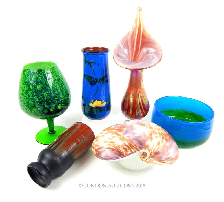 A collection of 20th century, colourful, studio glass and two ceramic vases