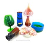 A collection of 20th century, colourful, studio glass and two ceramic vases