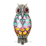 A sterling silver and pliaque a jour enamel owl brooch