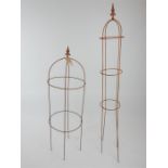 Two, domed, iron plant trellises with decorative, fleur de lis finials