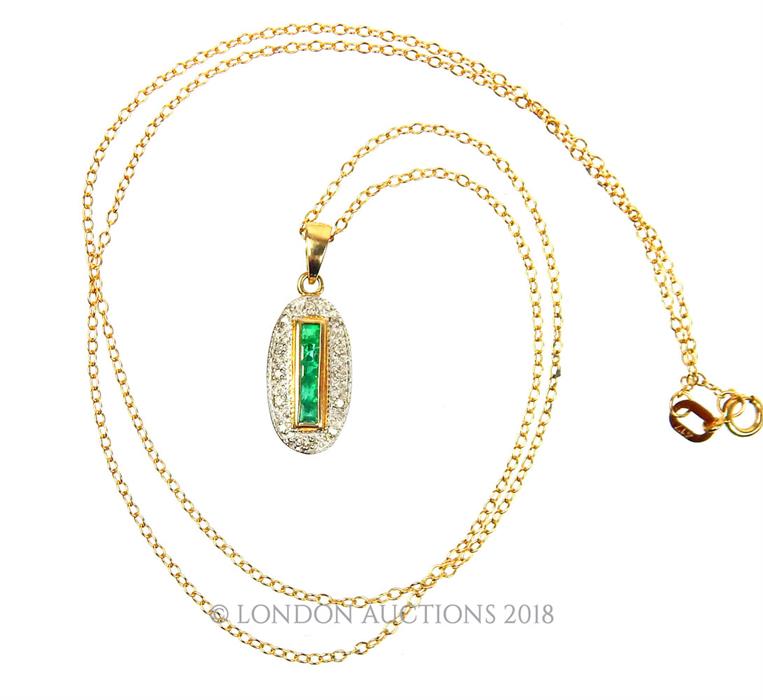 A 9 ct yellow gold, diamond and emerald pendant on a 9 ct yellow gold chain - Image 2 of 3