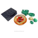 A quantity of malachite items, a large agate dish and others
