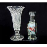 A cut glass, crystal flower vase and a Chinese, hand-painted, crystal vase