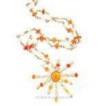 A boxed, 9 ct yellow gold, amber and freshwater pearl, sunburst necklace