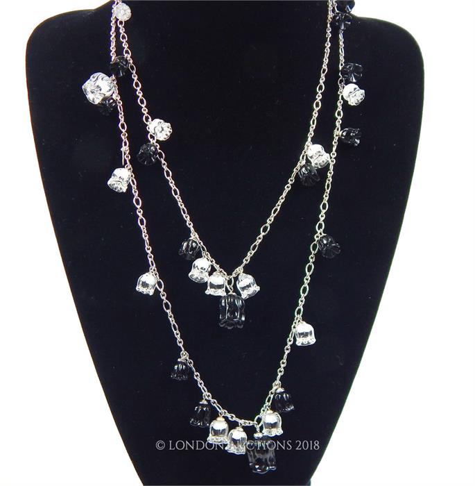 A boxed, Lalique, long, sterling silver, black and clear glass flower necklace - Image 2 of 3