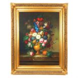 A large contemporary oil on canvas still life of flowers