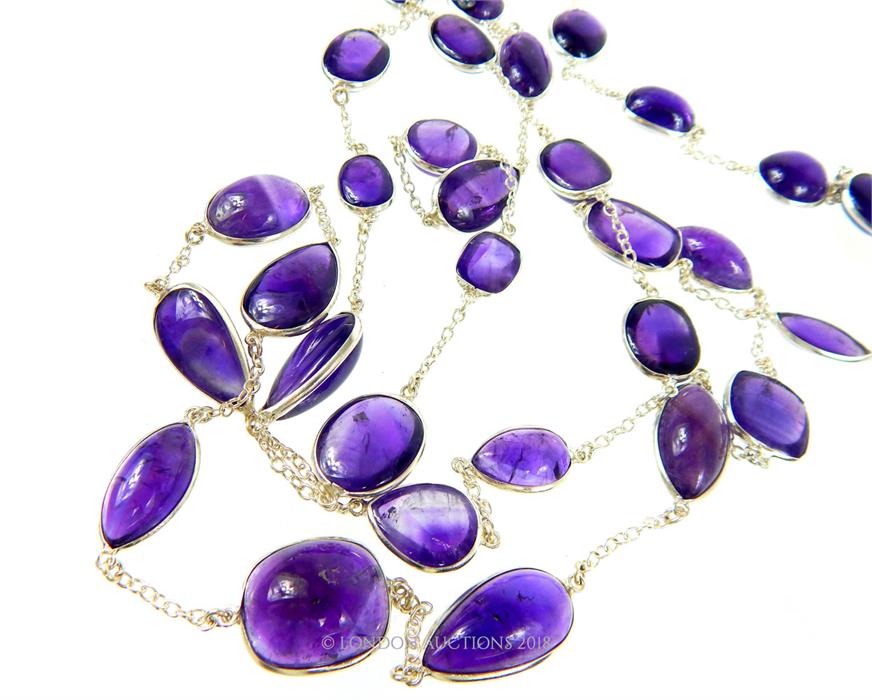 An elegant, very long, sterling silver and amethyst cabochon necklace - Image 2 of 3