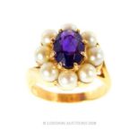 A fine, 14 ct yellow gold, natural amethyst and pearl cluster ring