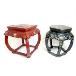 Two, Chinese, lacquered stools in red and black lacquer